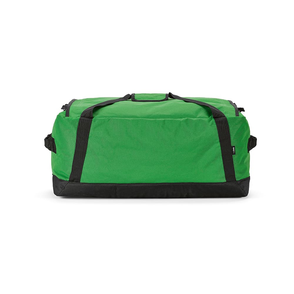 A large green gym bag with black accents and reflective strips, featuring handles and side straps.