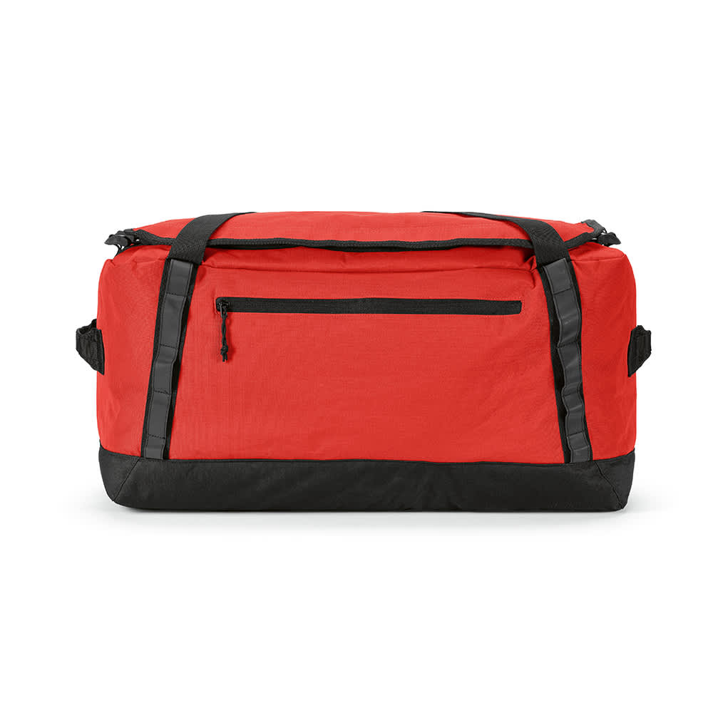 A red gym bag with black accents, featuring a front zip pocket and reflective strips for visibility.