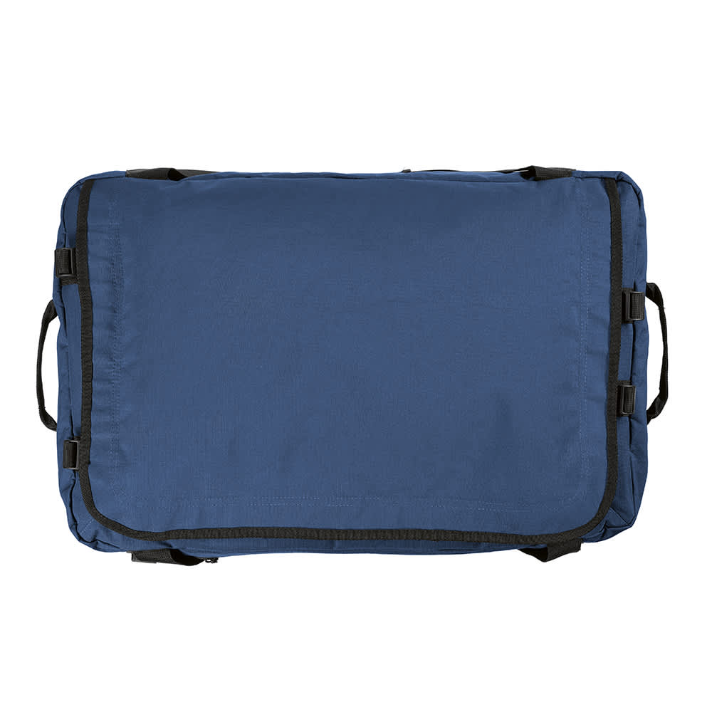 A large blue gym bag with black straps and reflective strips, featuring a logo on the side.