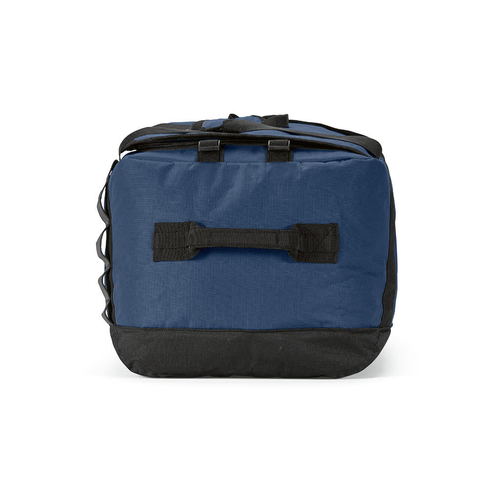 A blue and black gym bag with reflective strips and sturdy handles, featuring a logo on its surface.
