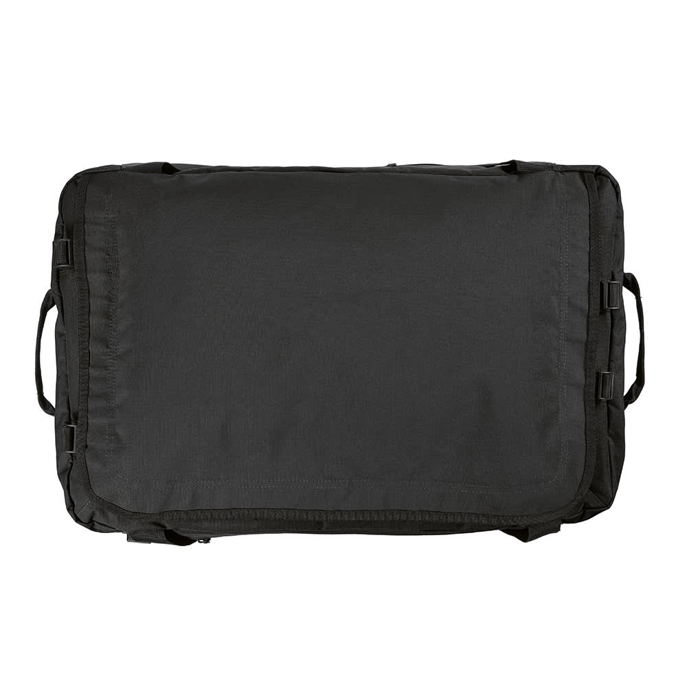 A black gym bag with reflective strips, made from rPET ripstop material, featuring handles on the sides.