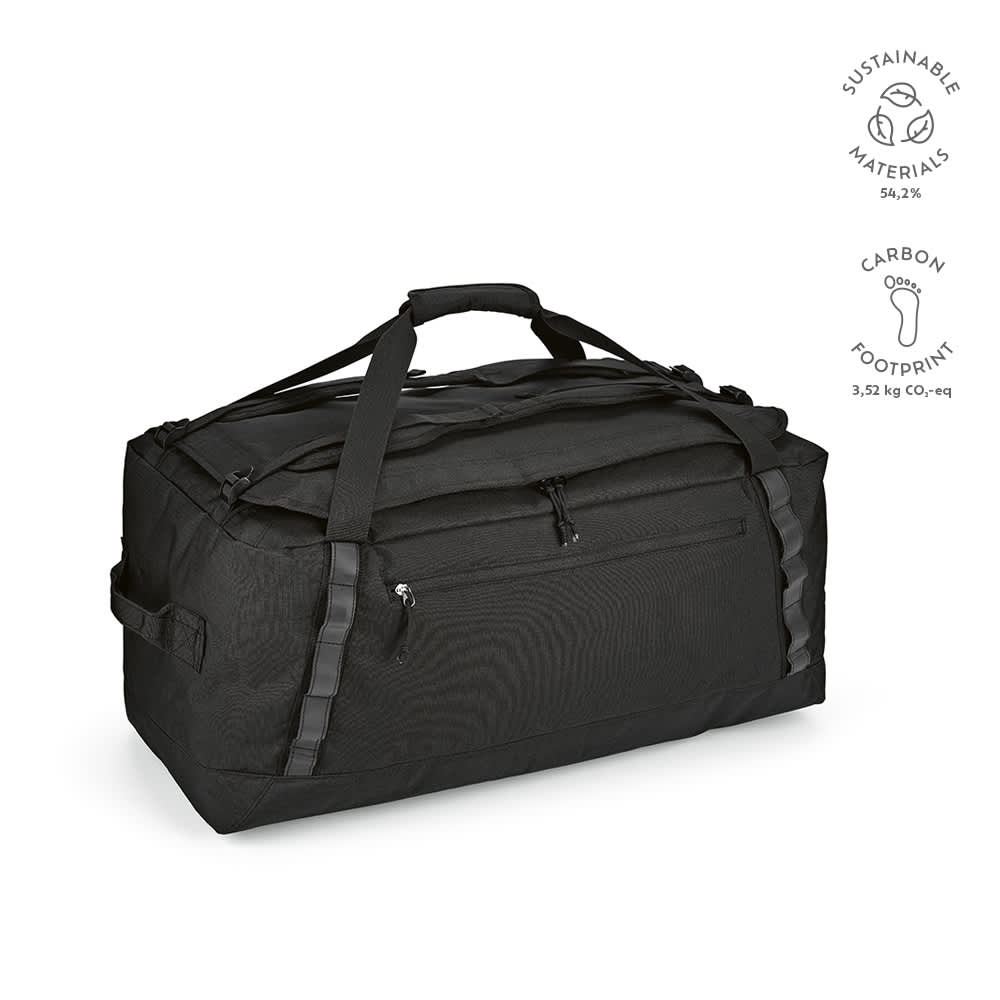 A black gym bag featuring reflective strips, made from sustainable materials, with a zippered front pocket and a logo.