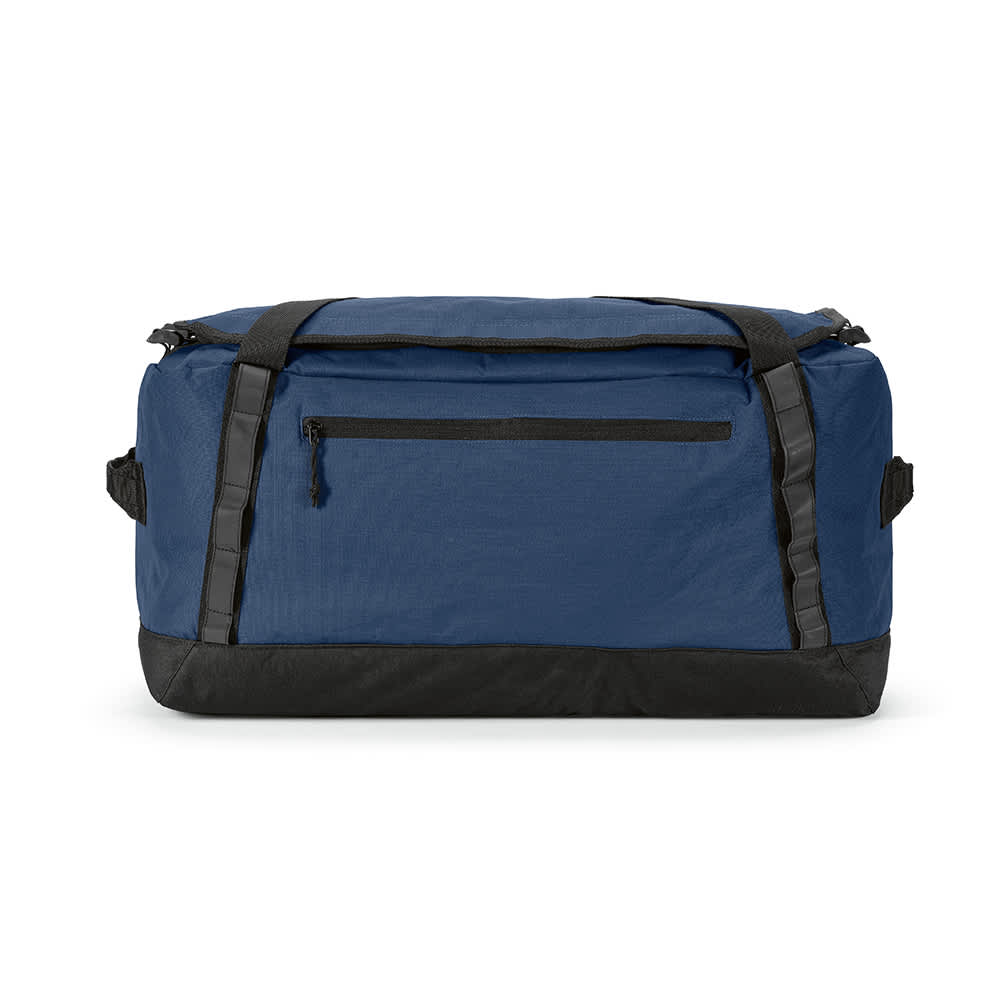 A large blue gym bag with black accents, featuring straps and a zippered pocket on the front. It has a logo.