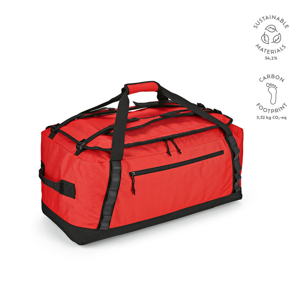 A red gym bag with multiple handles, zippers, and a black base. Features reflective strips and a logo.
