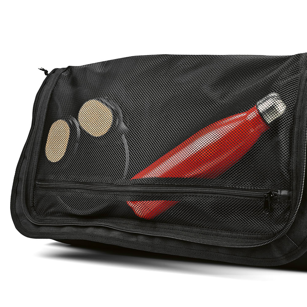 A black gym bag with a mesh pocket containing a red drink bottle and a pair of sunglasses.