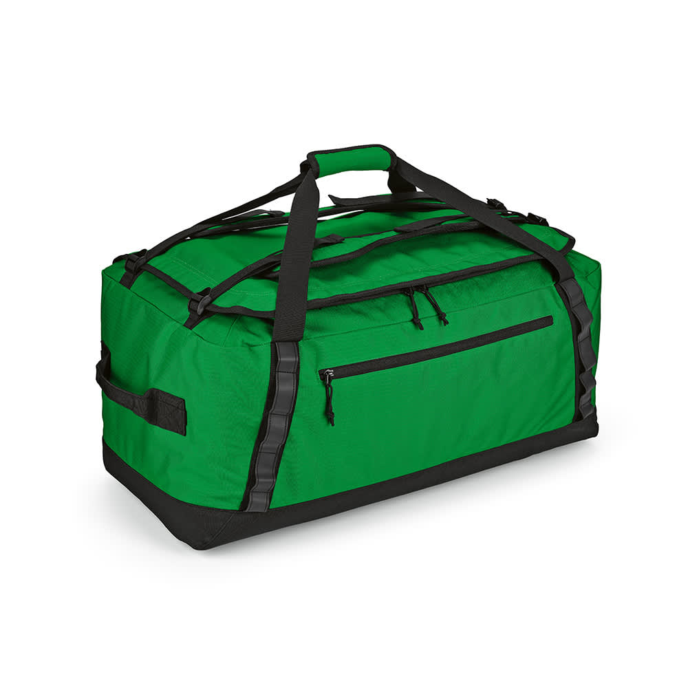 A green gym bag with reflective strips, featuring multiple handles and a zippered pocket. It has a black base and branding.