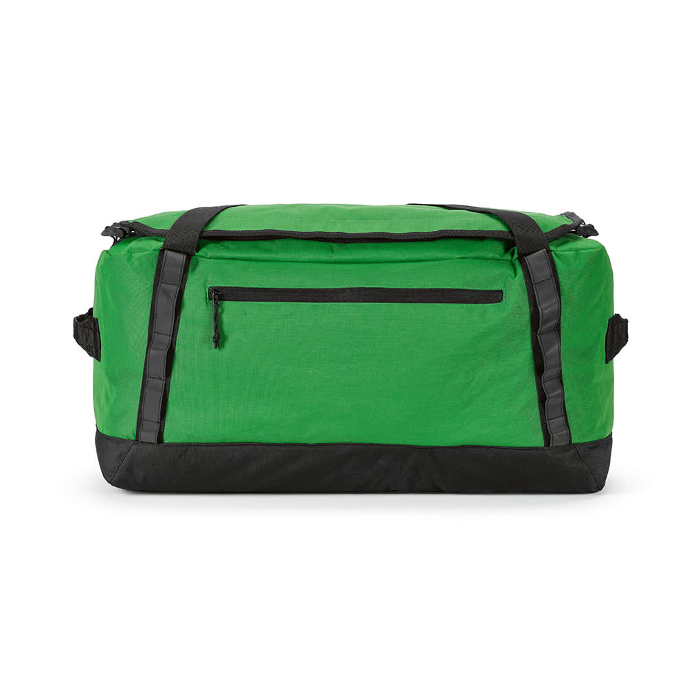 A green gym bag with reflective strips and a black base, featuring a zippered pocket on the front and adjustable straps.