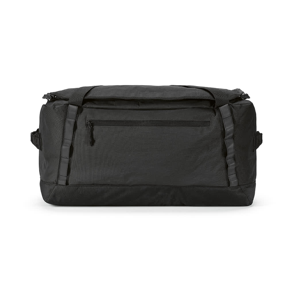 A large black gym bag made from rPET ripstop material, featuring reflective strips and various compartments.