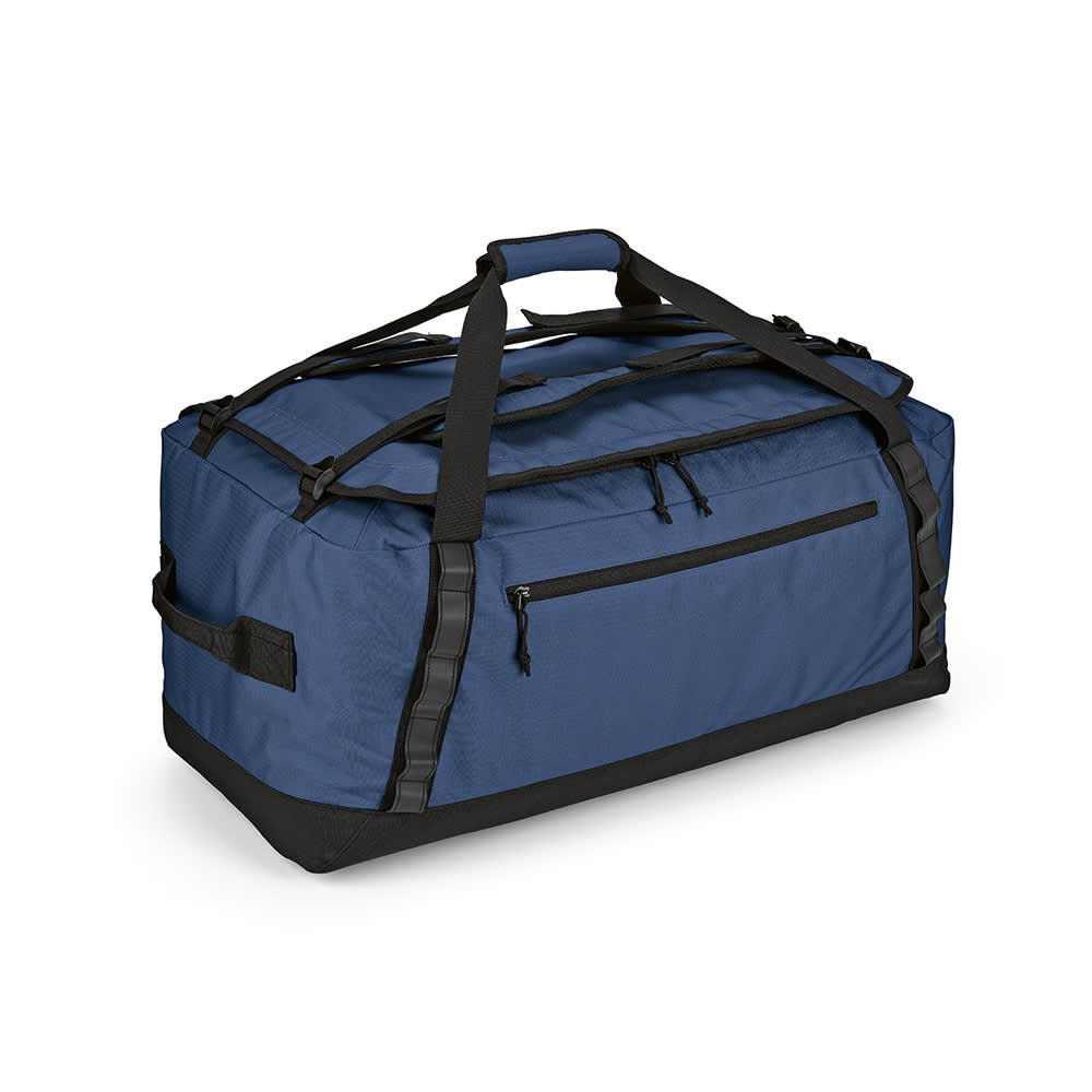 A large navy blue gym bag with black accents, featuring reflective strips and multiple carrying handles.