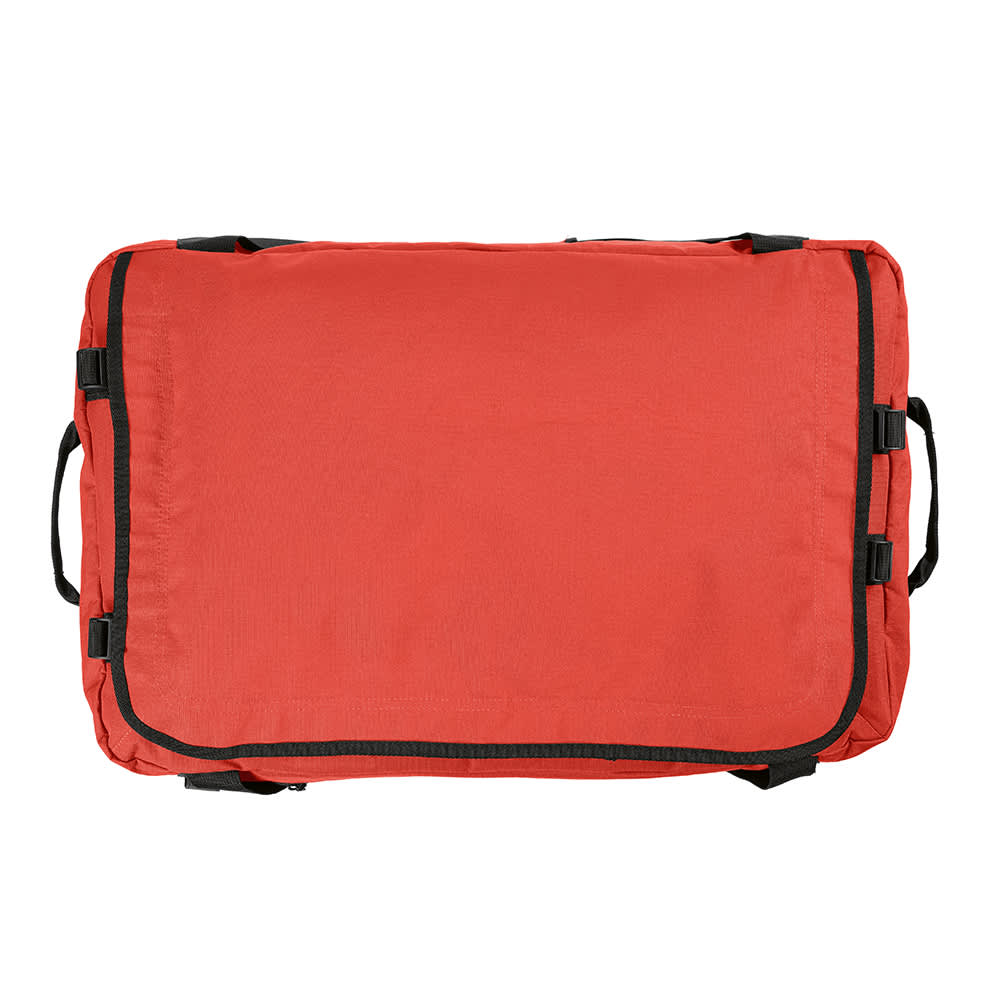 A large red gym bag with black straps and reflective strips, featuring a logo.