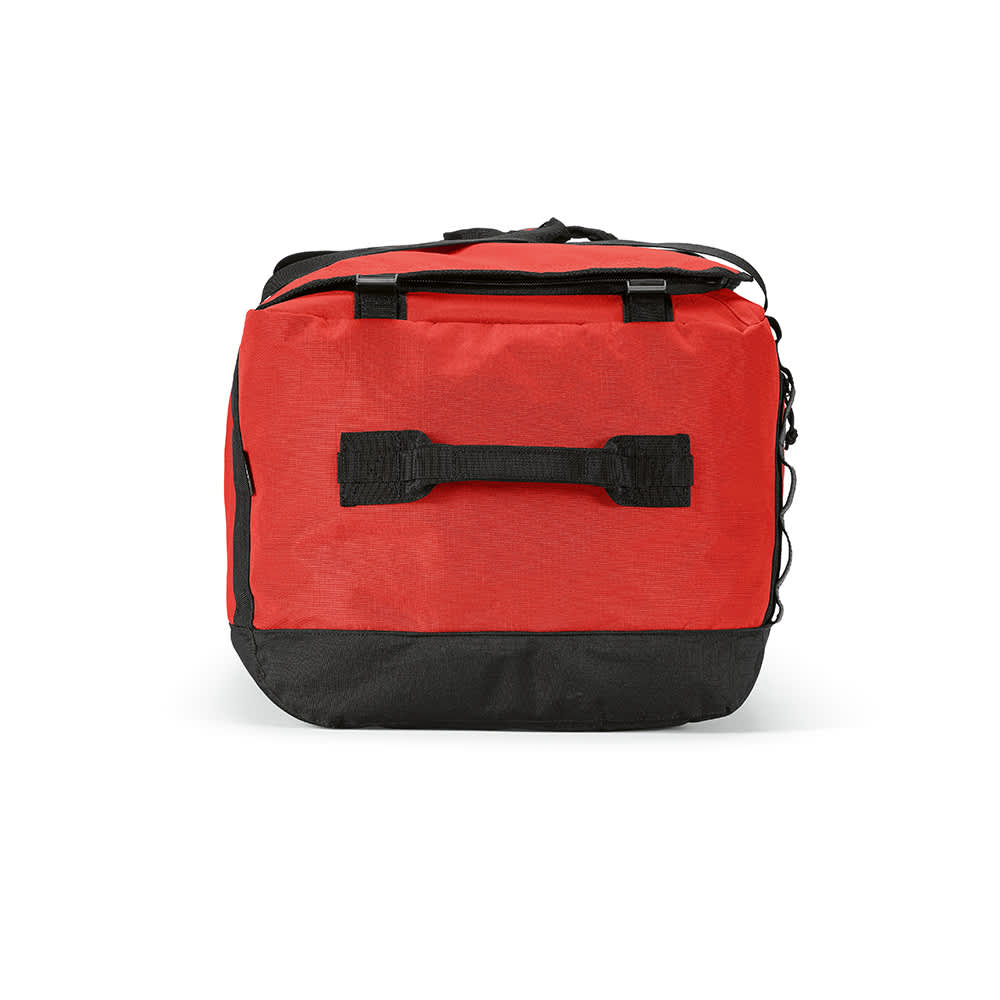 A red and black gym bag with a handle and reflective strips. It features a zippered opening and textured fabric.