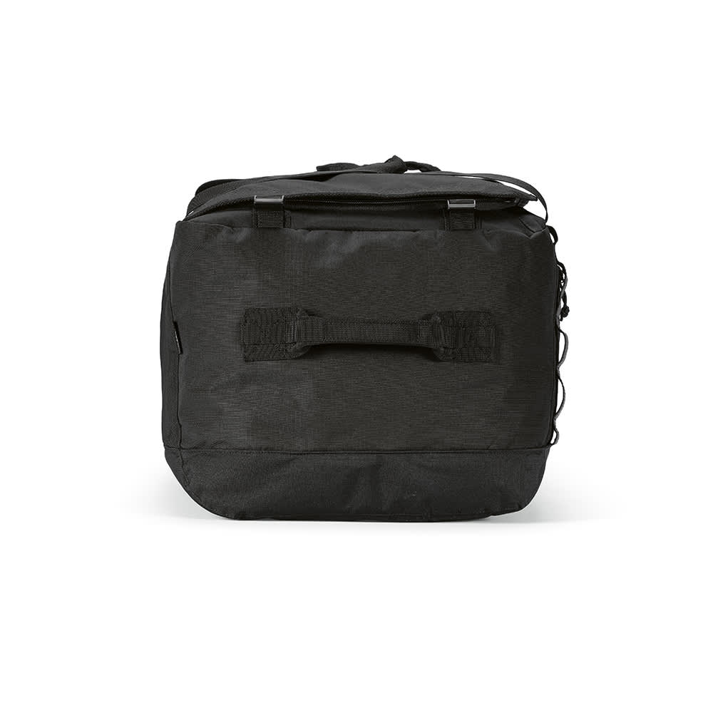 A black gym bag with reflective strips and webbing handles, featuring a sleek design and a logo.