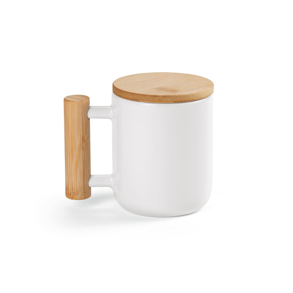 A ceramic mug with a white finish, bamboo lid, and bamboo handle, holding 380ml. It features a logo.
