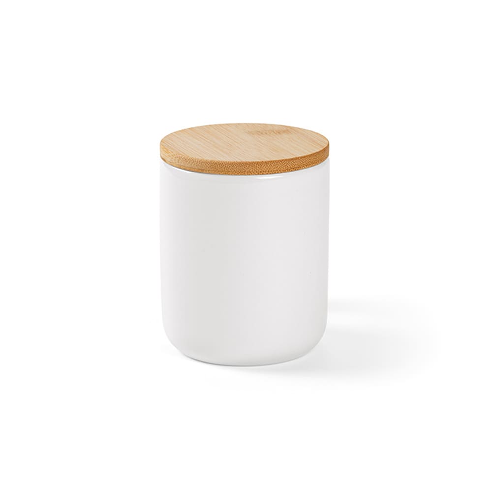 A ceramic mug with a white body, bamboo lid, and handle, holding 380ml, featuring a logo.