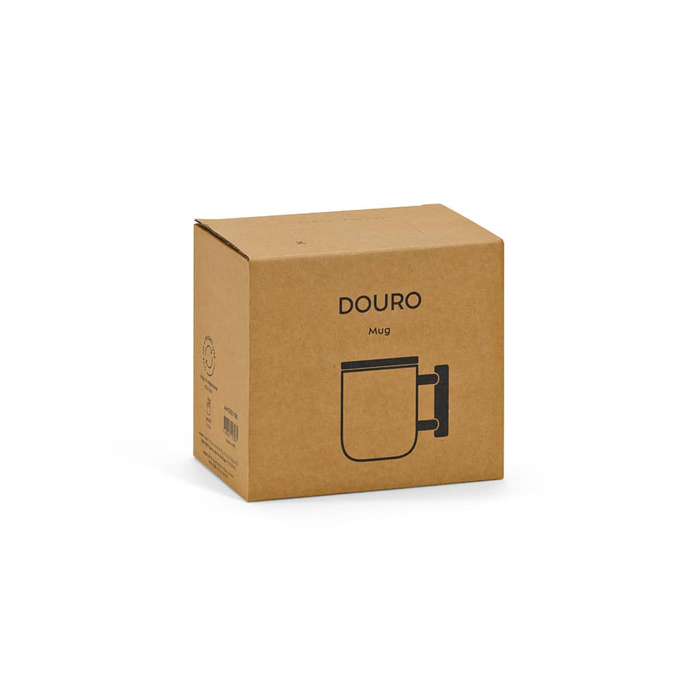 A cardboard box containing the Douro ceramic mug with a bamboo lid and handle, featuring an illustration on the front.