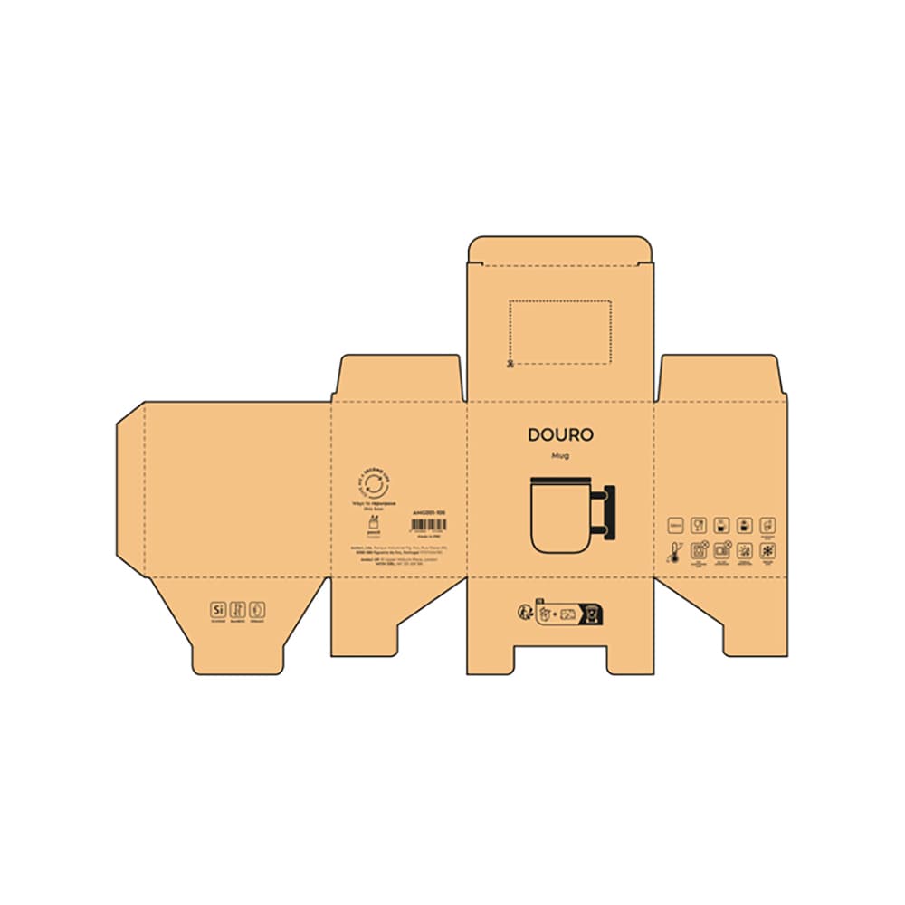 A cardboard packaging design for a Douro ceramic mug with a bamboo lid and handle, featuring a logo and icons.