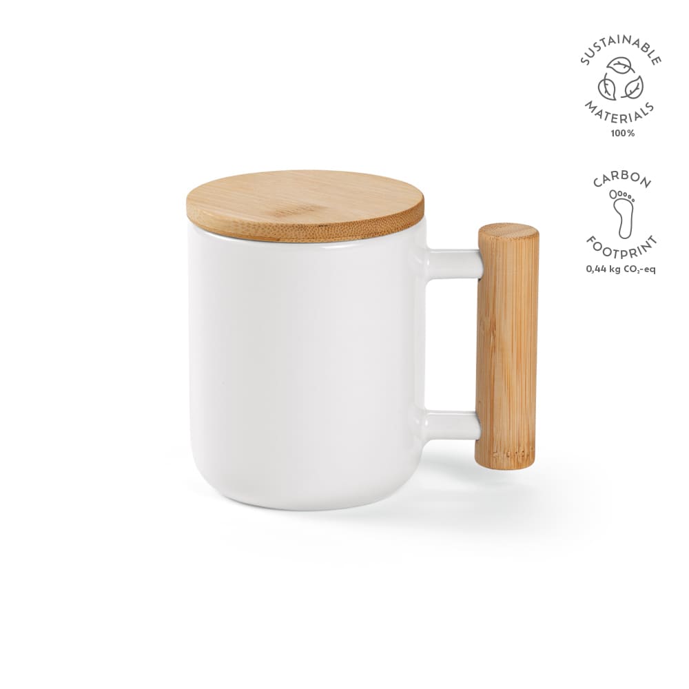 A ceramic mug with a bamboo lid and handle, featuring a white body and a natural wood accent.