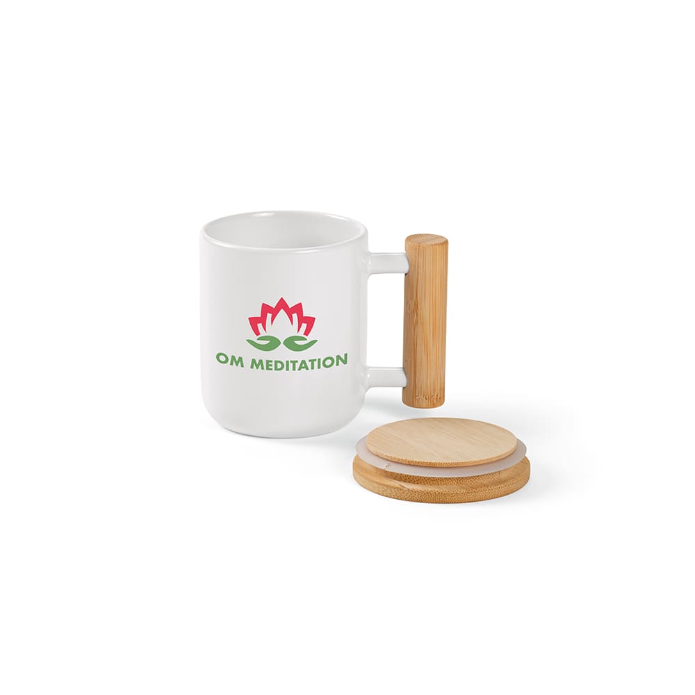 A ceramic mug with a white body, bamboo handle, and lid featuring a logo in green and red.