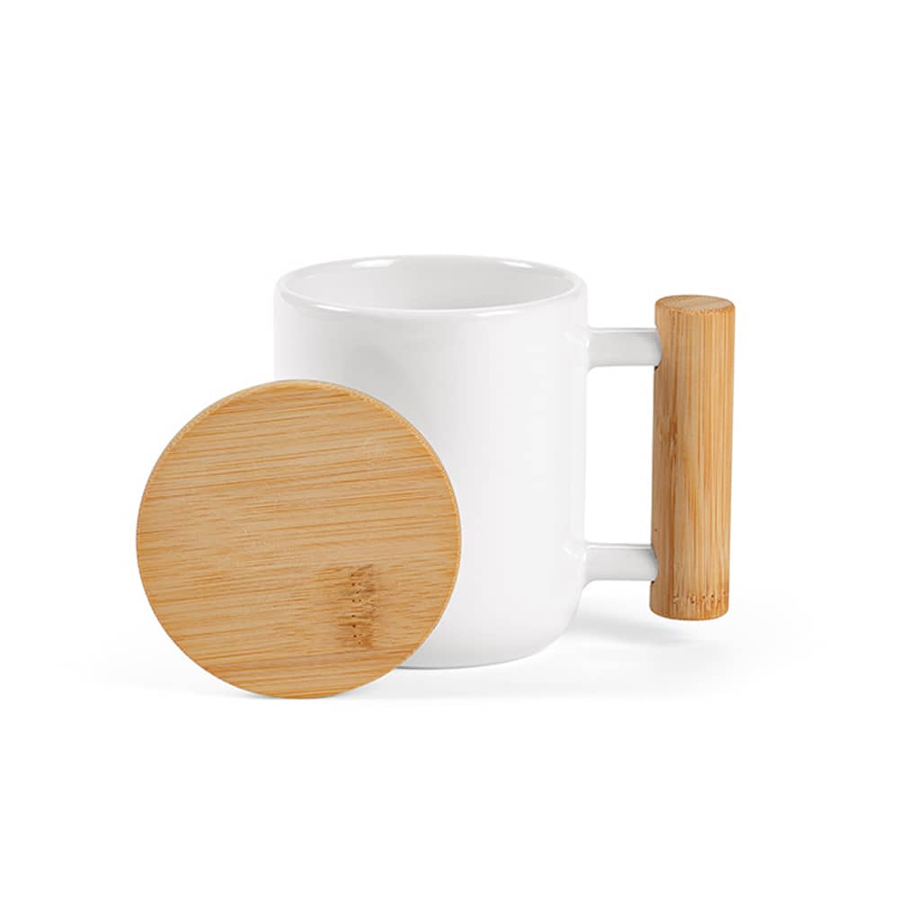 A white ceramic mug with a bamboo lid and handle, featuring a smooth surface and simple design.