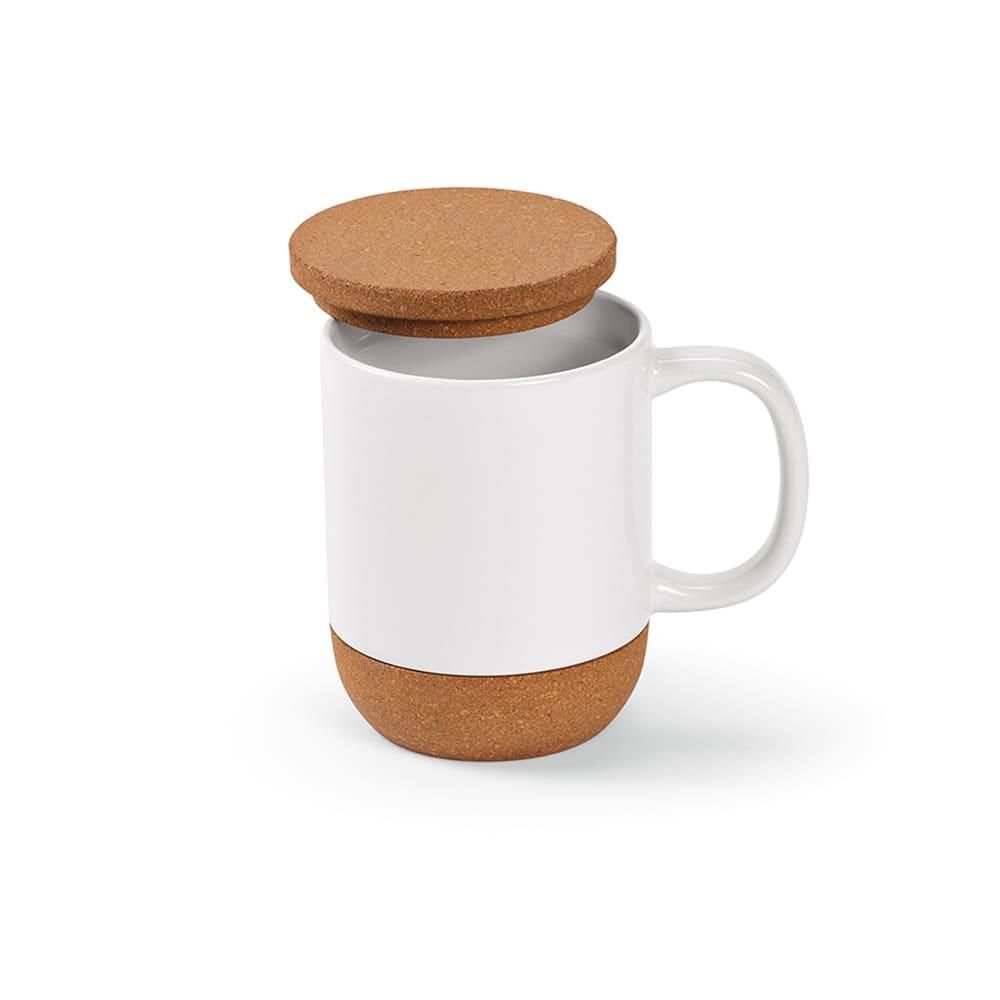 A drink mug with a white ceramic body and a cork lid and base, featuring a stylish design.