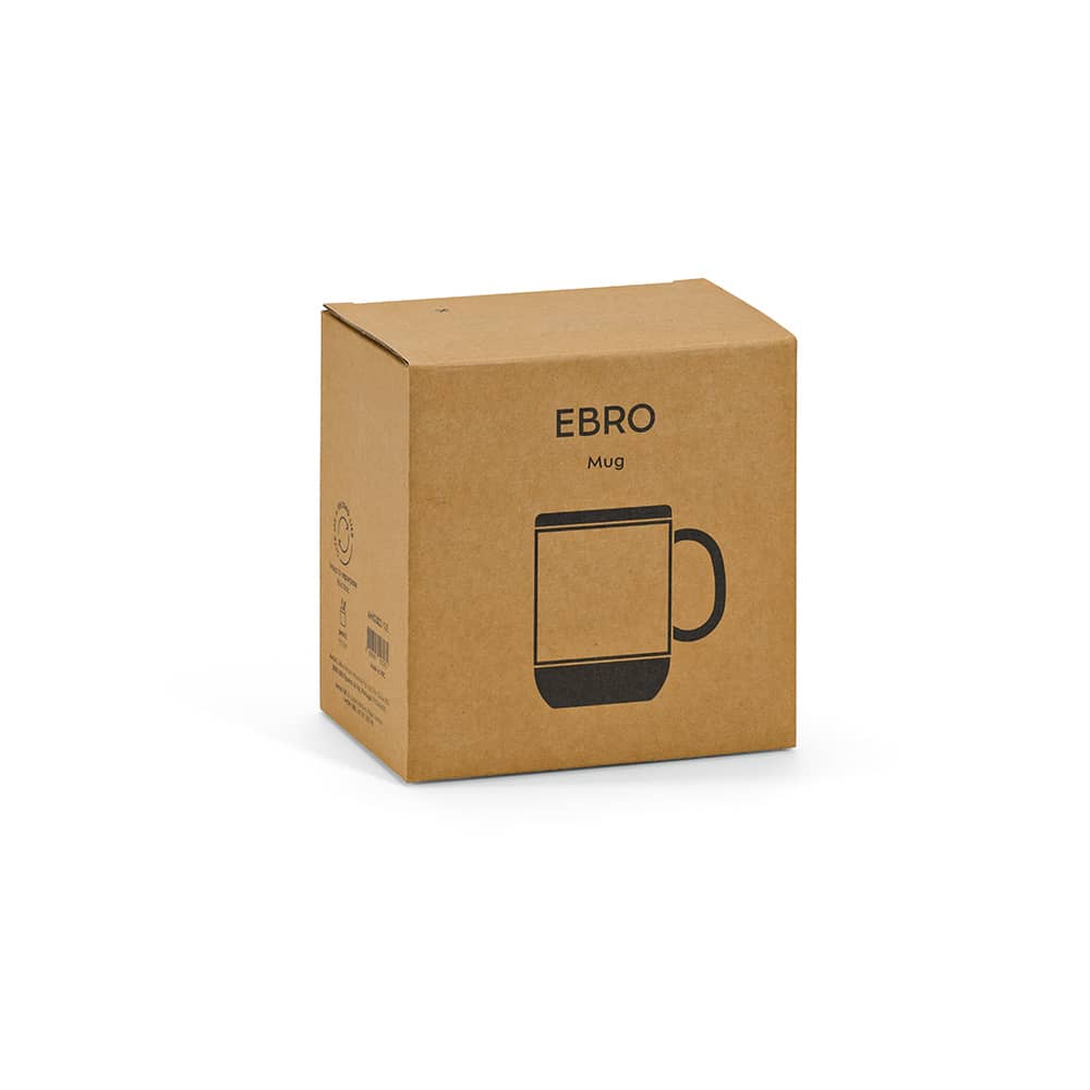 A brown cardboard box containing a ceramic mug with a cork lid and base, featuring a simple design.