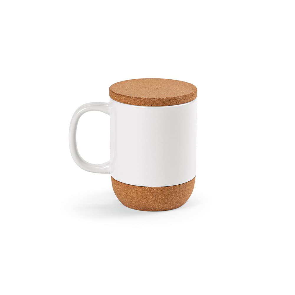 A white ceramic mug with a cork lid and base, featuring a simple design and a handle.