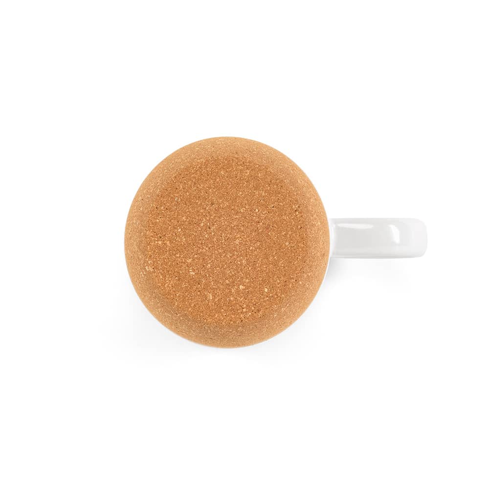 A ceramic mug featuring a cork lid and base, primarily white with a textured brown cork top.