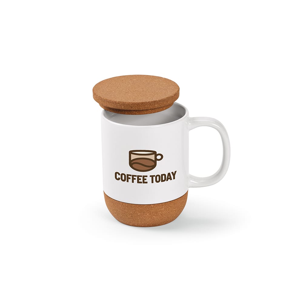 A ceramic mug with a cork lid and base, featuring a white body and a cork-coloured bottom.