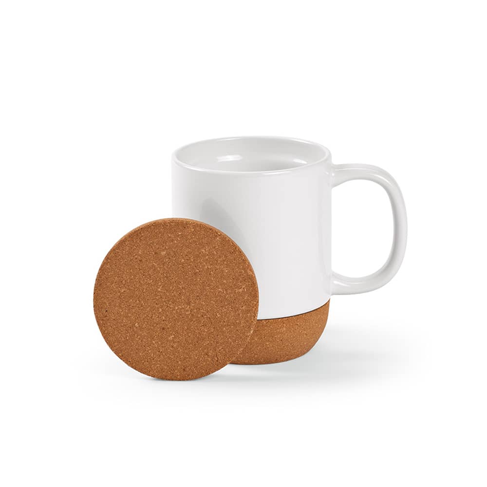 A drink mug with a white ceramic body and a cork lid and base, featuring a simple design.