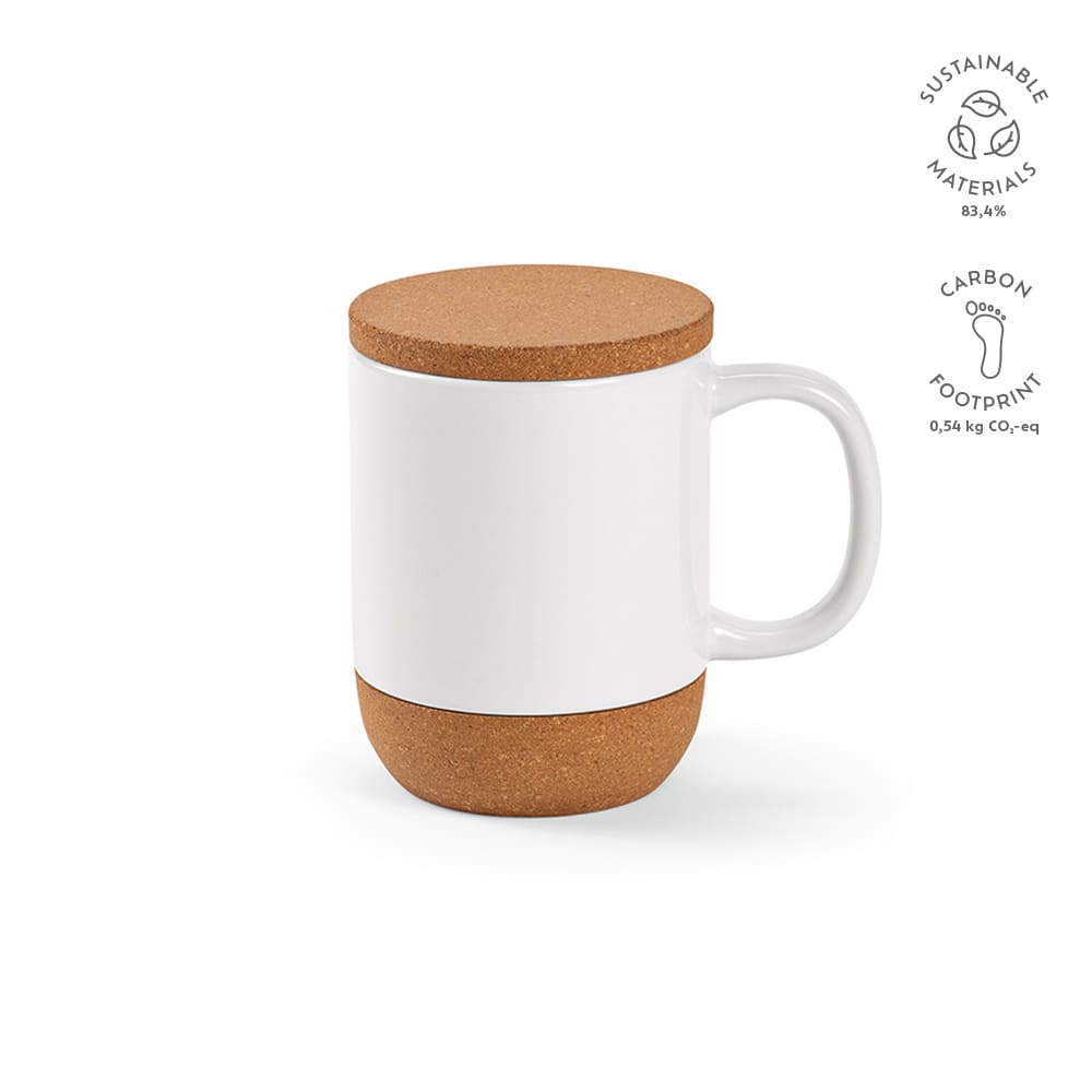 A drink mug with a white ceramic body and a cork lid and base, 380ml capacity. It features a logo.