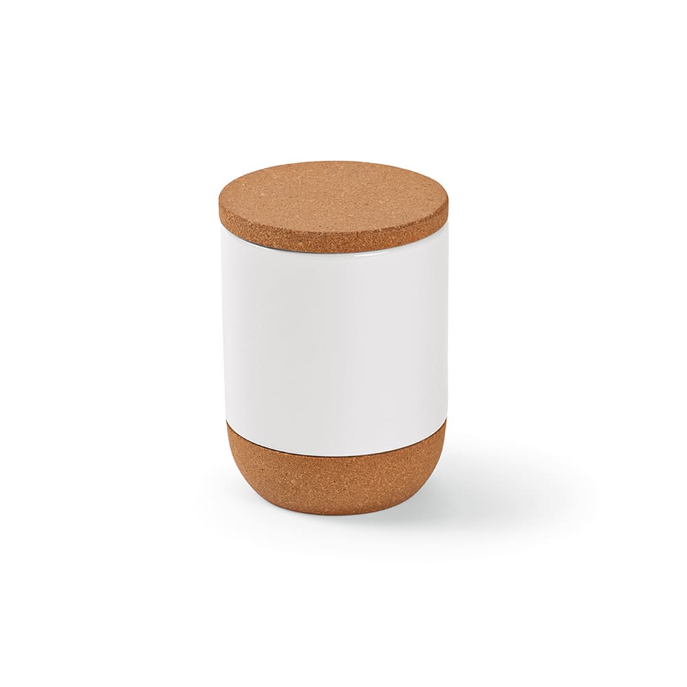 A ceramic mug with a white body, cork lid, and cork base, featuring a logo. Holds 380ml.