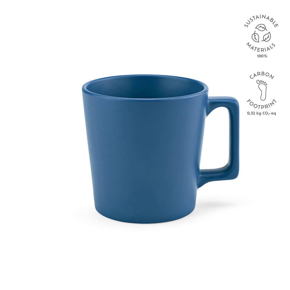 A ceramic mug in matte blue finish, featuring a sturdy handle and a minimalist design. Includes a logo.