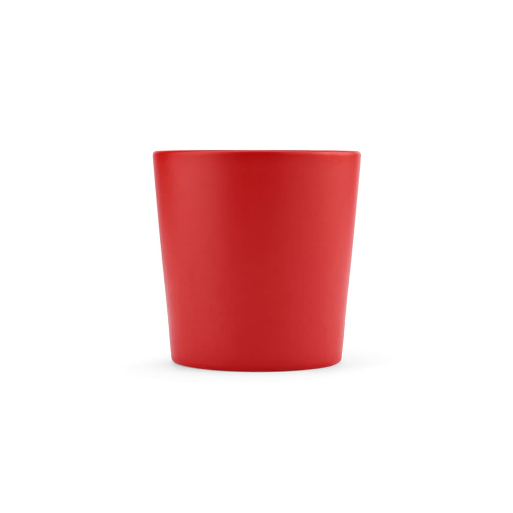 A red ceramic mug with a matte finish, featuring a smooth, curved design. It holds 360ml.
