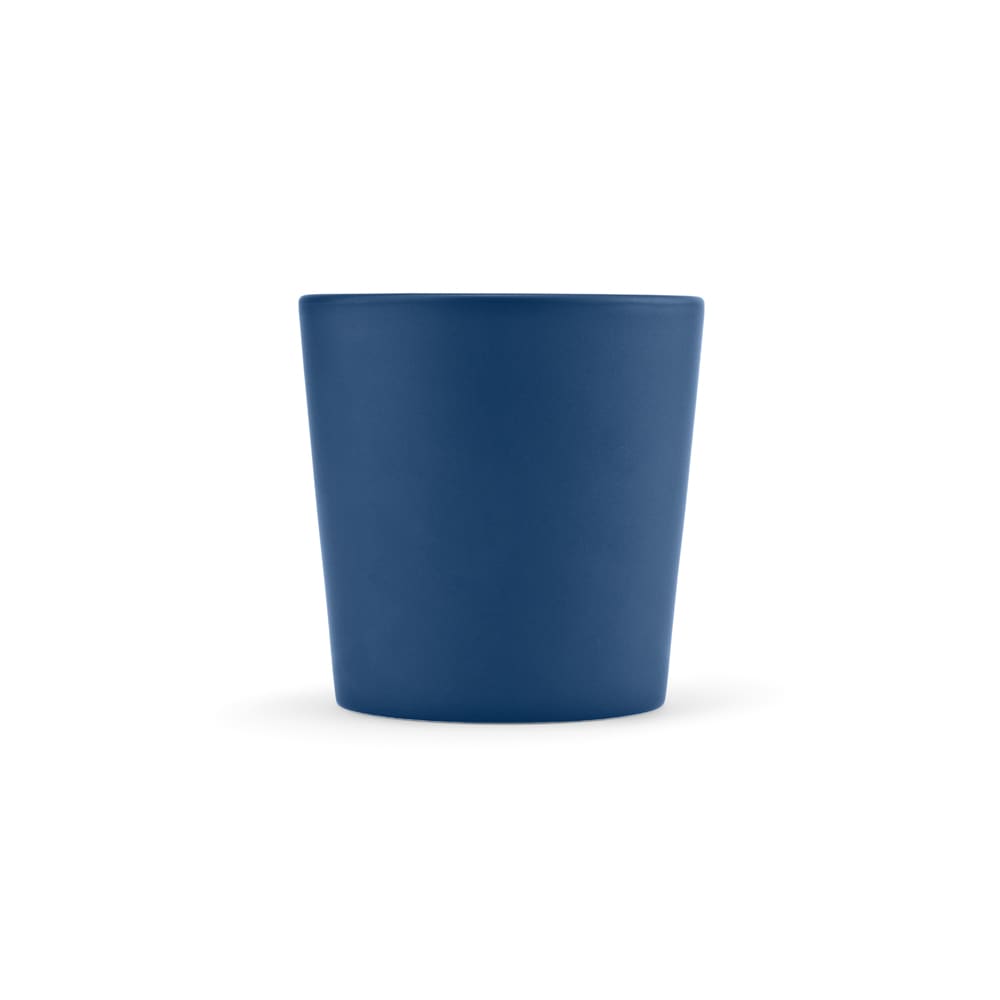 A ceramic mug with a matt finish in a deep navy blue colour, featuring a logo.