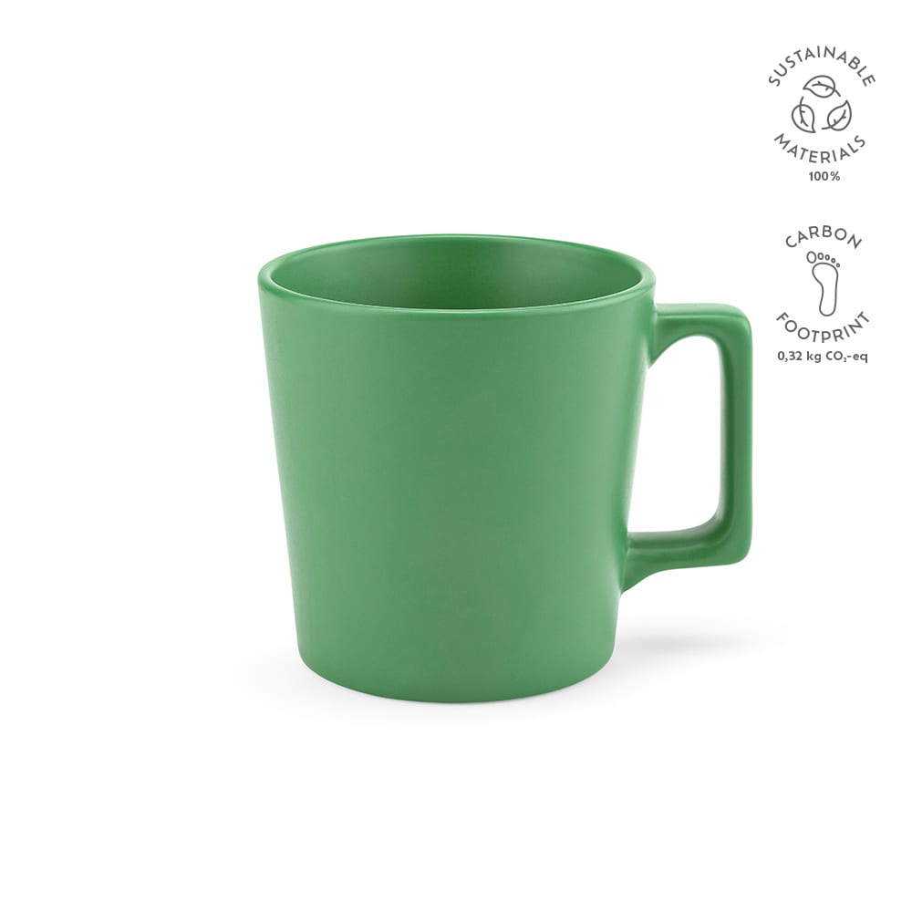 A green ceramic mug with a matt finish, featuring a sturdy handle. It has a logo and measures 360ml.