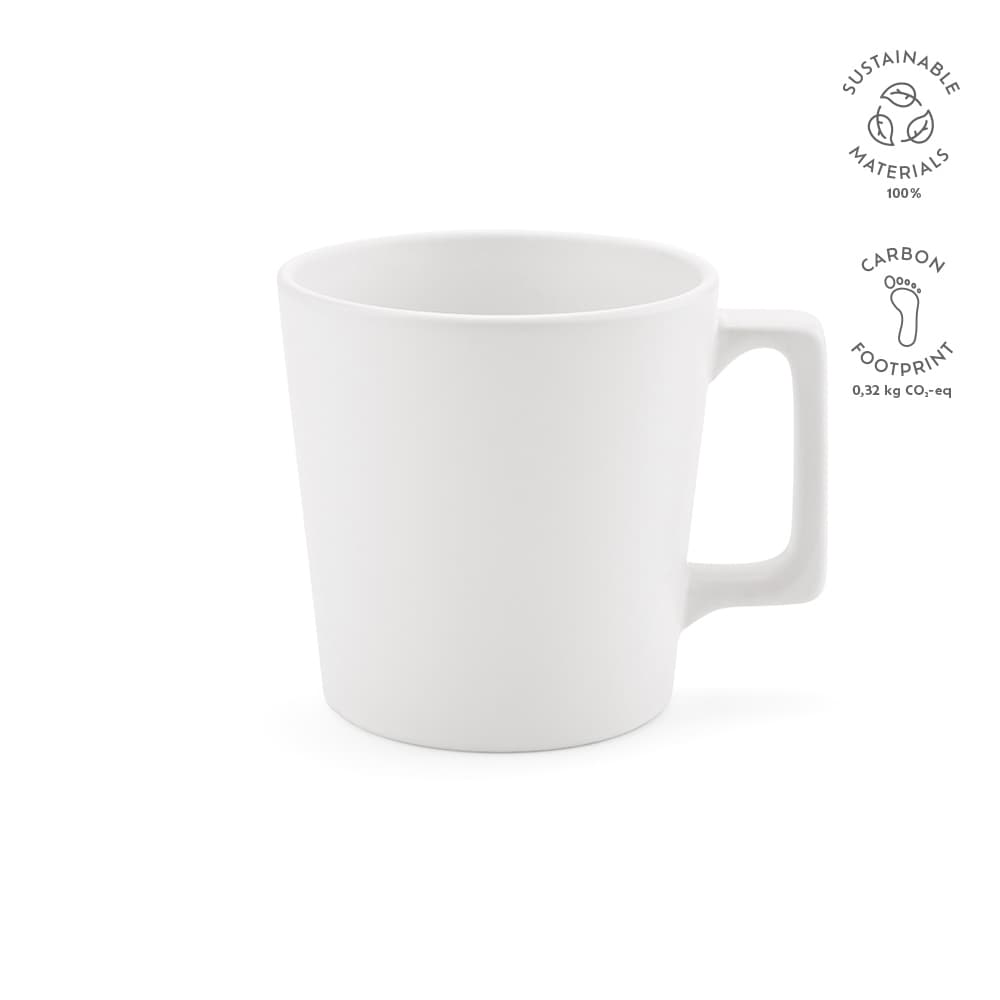 A ceramic mug with a matt white finish, featuring a straight design and a handle. It has a logo on the side.