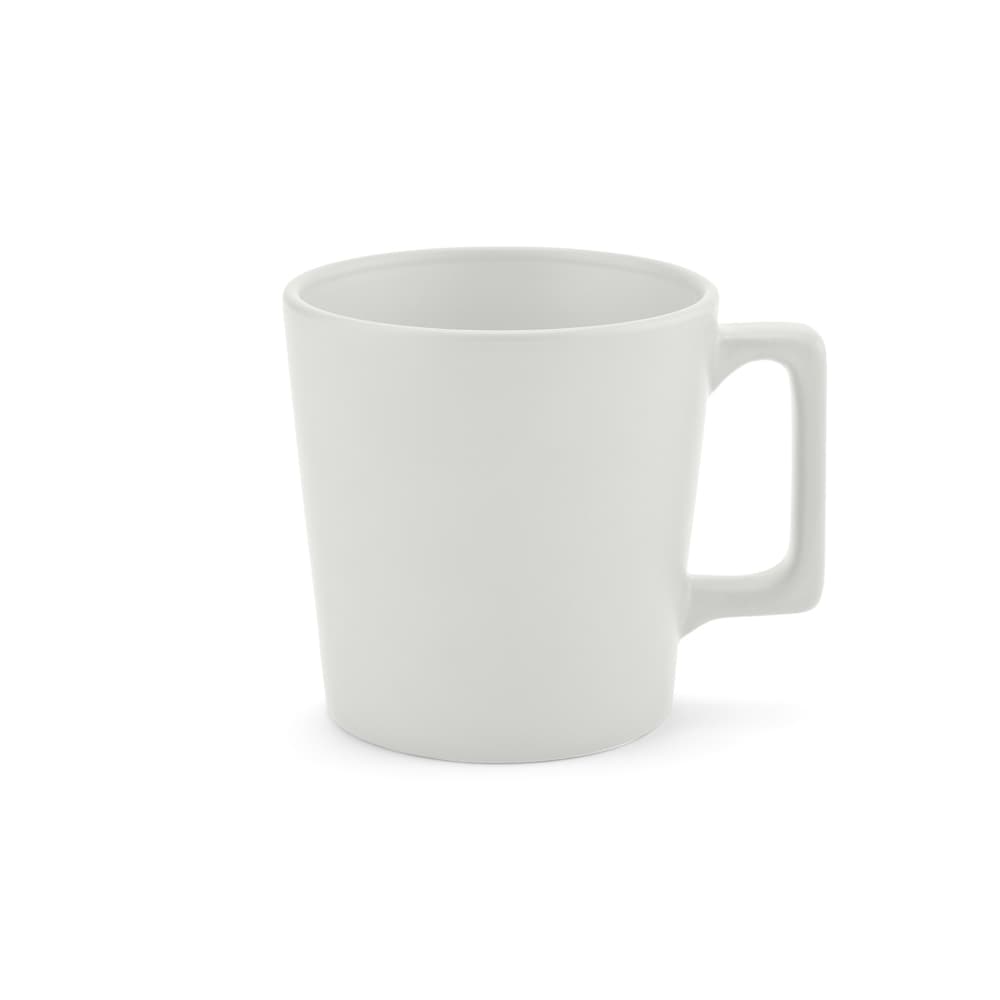 A ceramic mug with a matt white finish, featuring a rectangular handle and a capacity of 360ml.