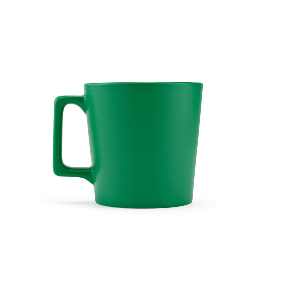 A ceramic mug in a vibrant green colour with a matt finish, featuring a comfortable handle.