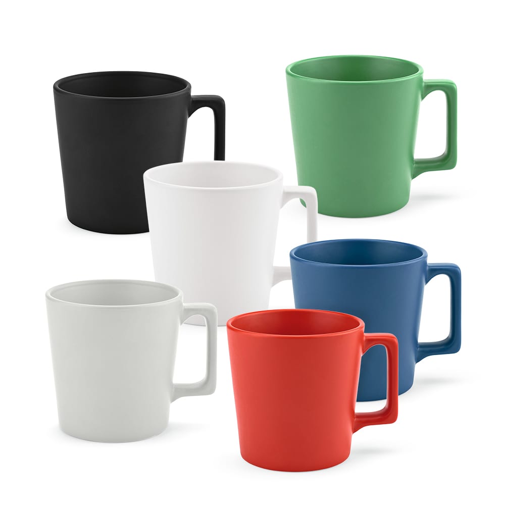 A collection of ceramic mugs in black, white, green, red, blue, and a matte finish. Each mug features a handle.