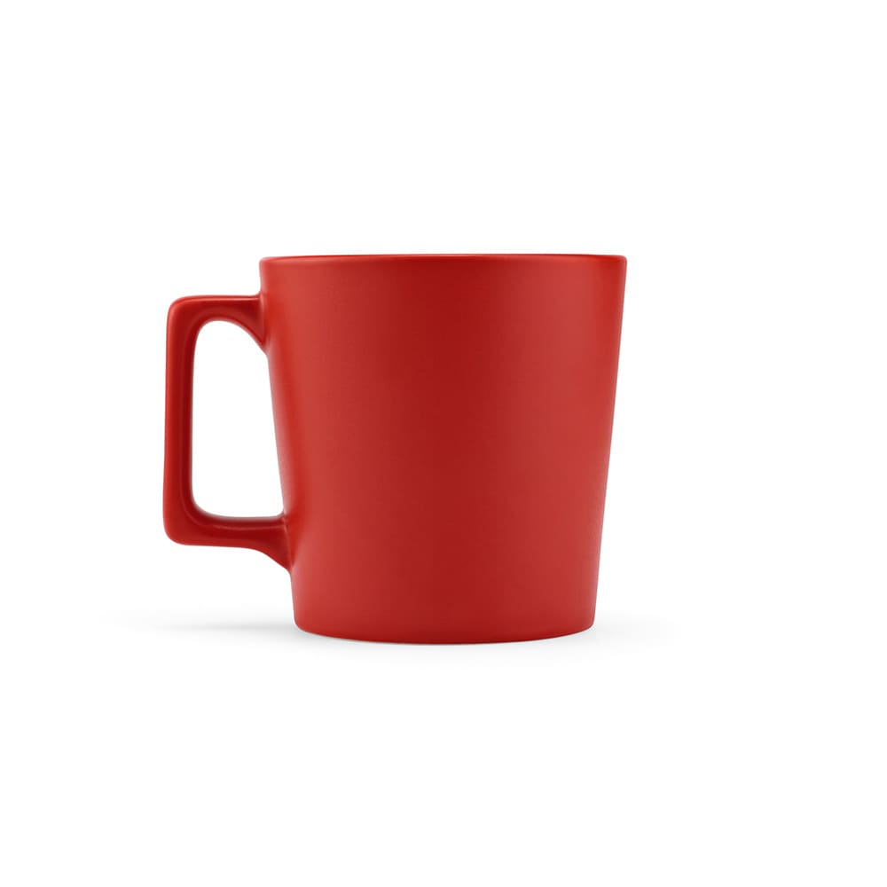 A red ceramic mug with a matt finish, designed with a contemporary shape and a sturdy handle.
