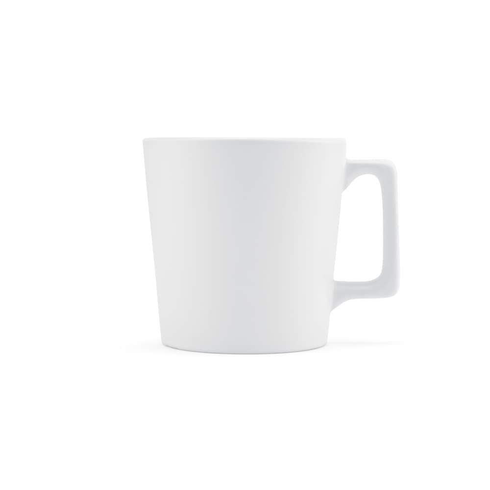 A ceramic mug with a matt white finish, featuring a sturdy handle and a cylindrical design.