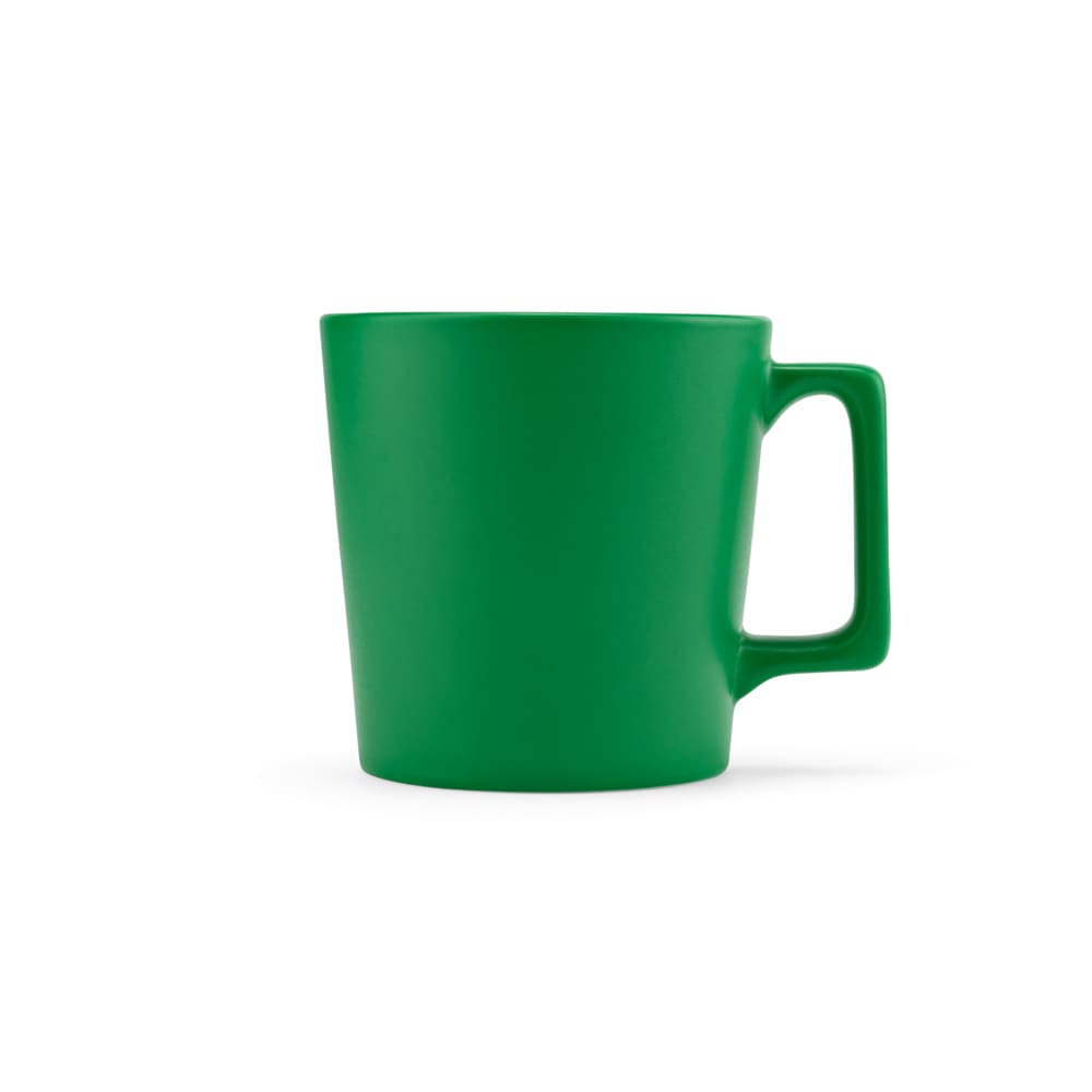 A green ceramic mug with a matt finish and a comfortable handle, holding 360ml. Features a logo.