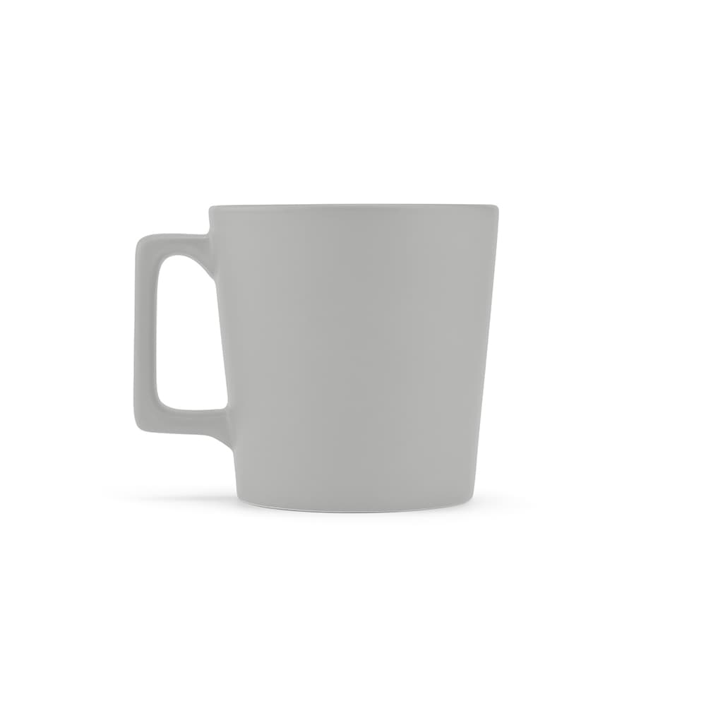 A ceramic mug with a matte finish in a light grey colour, featuring a handle and a simple design.