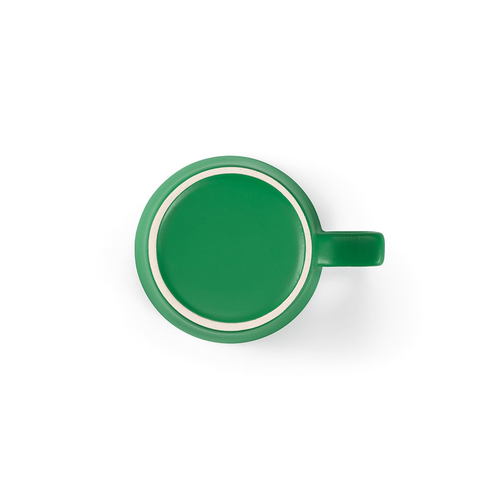 A green ceramic mug with a matt finish, featuring a handle and a plain design.