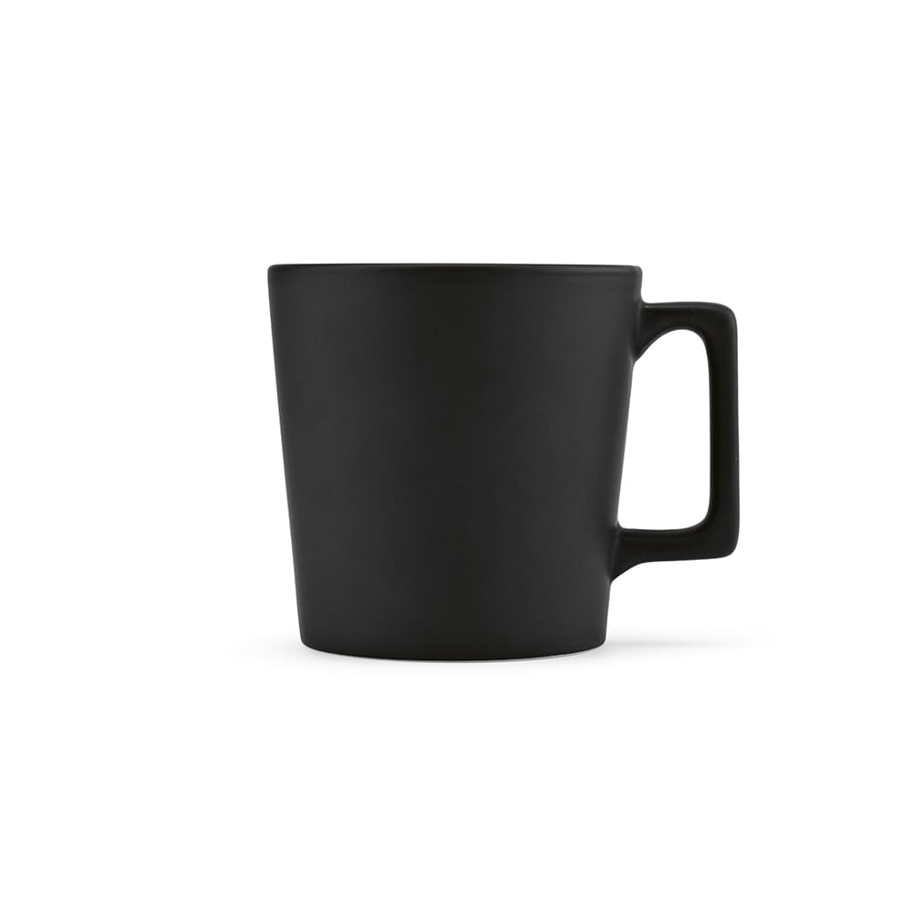 A ceramic mug with a matt black finish, featuring a sturdy handle and a modern design.