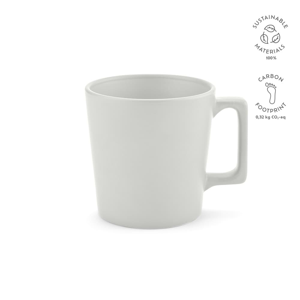 A ceramic mug with a matt finish, featuring a solid white colour and a handle. It has a logo and sustainability details.