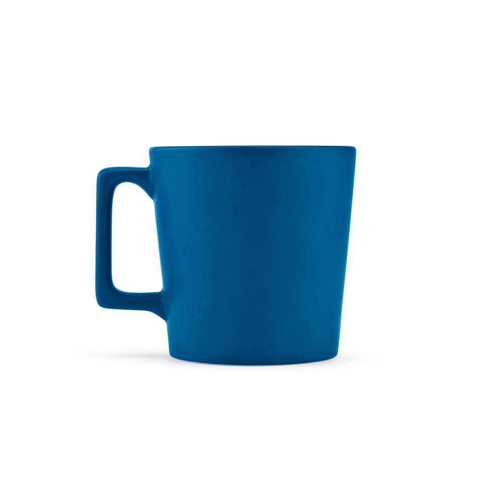 A ceramic mug with a matt finish, featuring a bright blue colour and a sturdy handle, with a logo.
