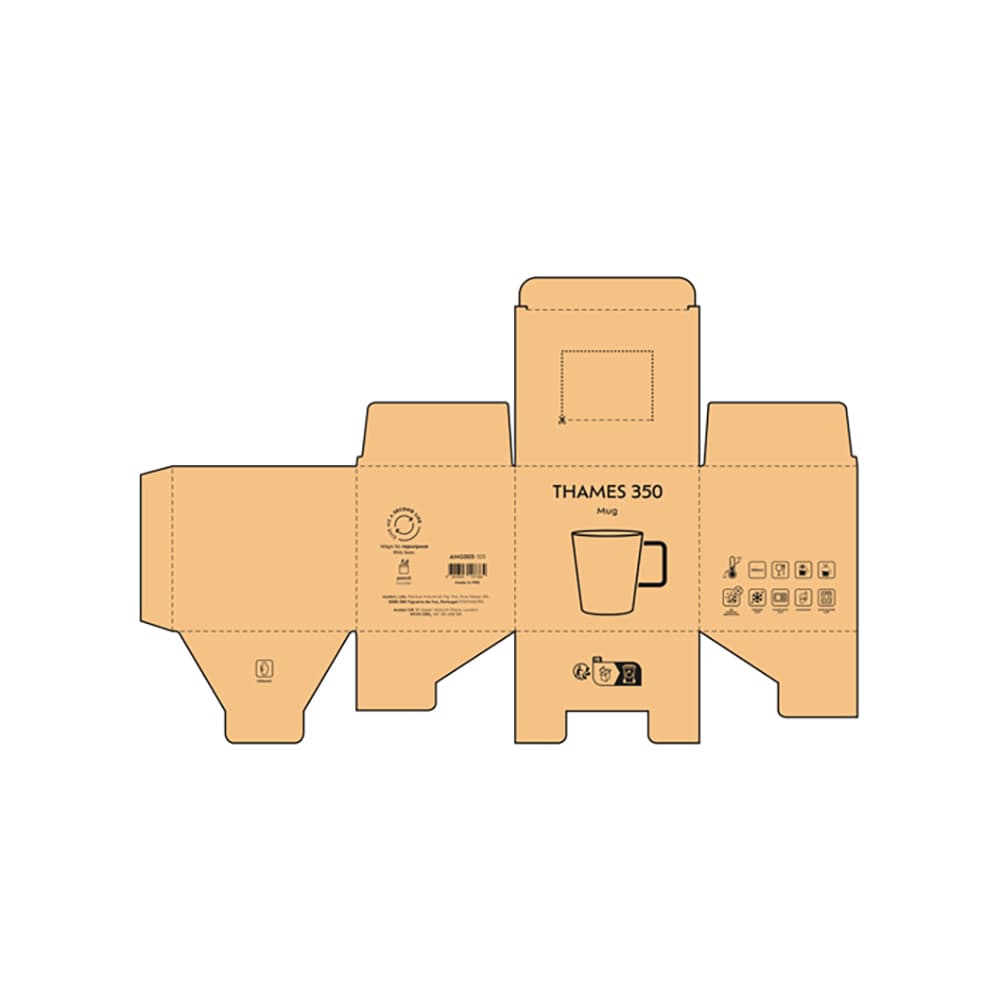 A cardboard packaging design for a Thames 350 ceramic mug. Features a simple outline with a logo.