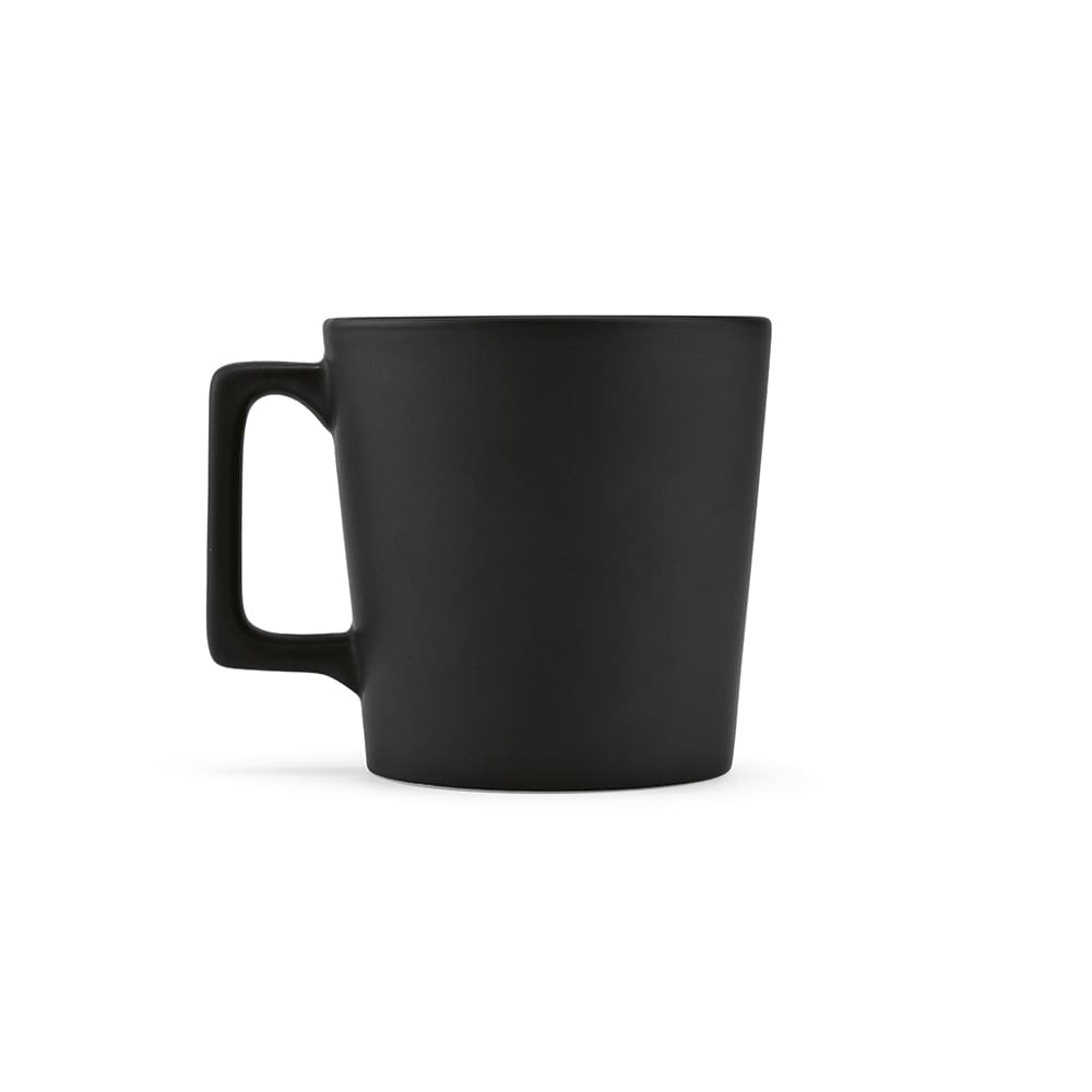 A ceramic mug with a matte black finish, featuring a sturdy handle and a capacity of 360ml.