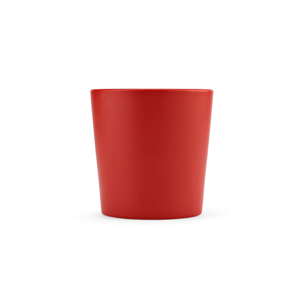 A ceramic mug with a matt finish in vibrant red, holding 360ml, featuring a logo.